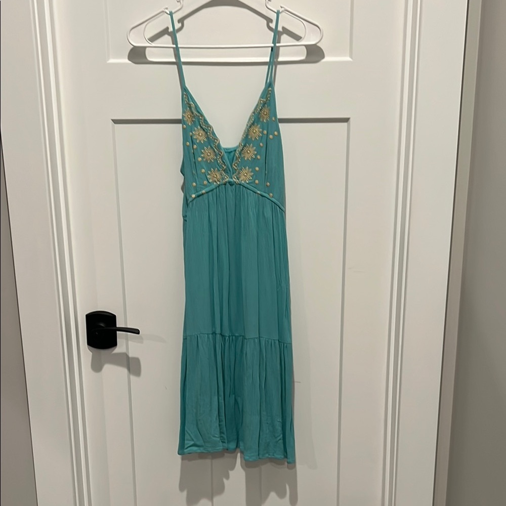 Cupshe Teal Mini Dress with Yellow Floral Embroidery